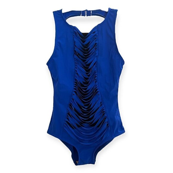 Karla Colletto Blue Hi Neck Draped Fringe Cut One Piece Luxury Swimsuit Size 6 - Picture 2 of 7